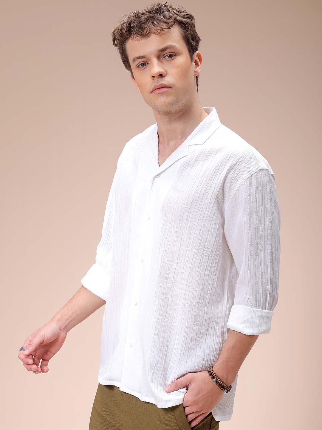 Men's White Relaxed Fit Textured Resortwear Shirt