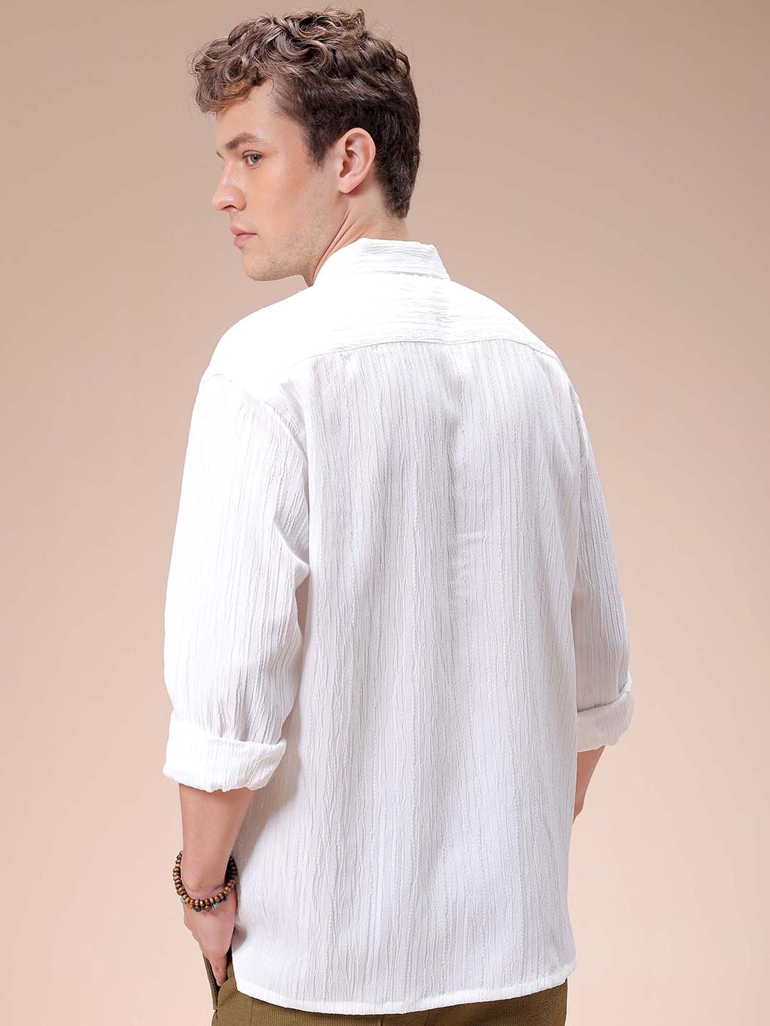 Men's White Relaxed Fit Textured Resortwear Shirt