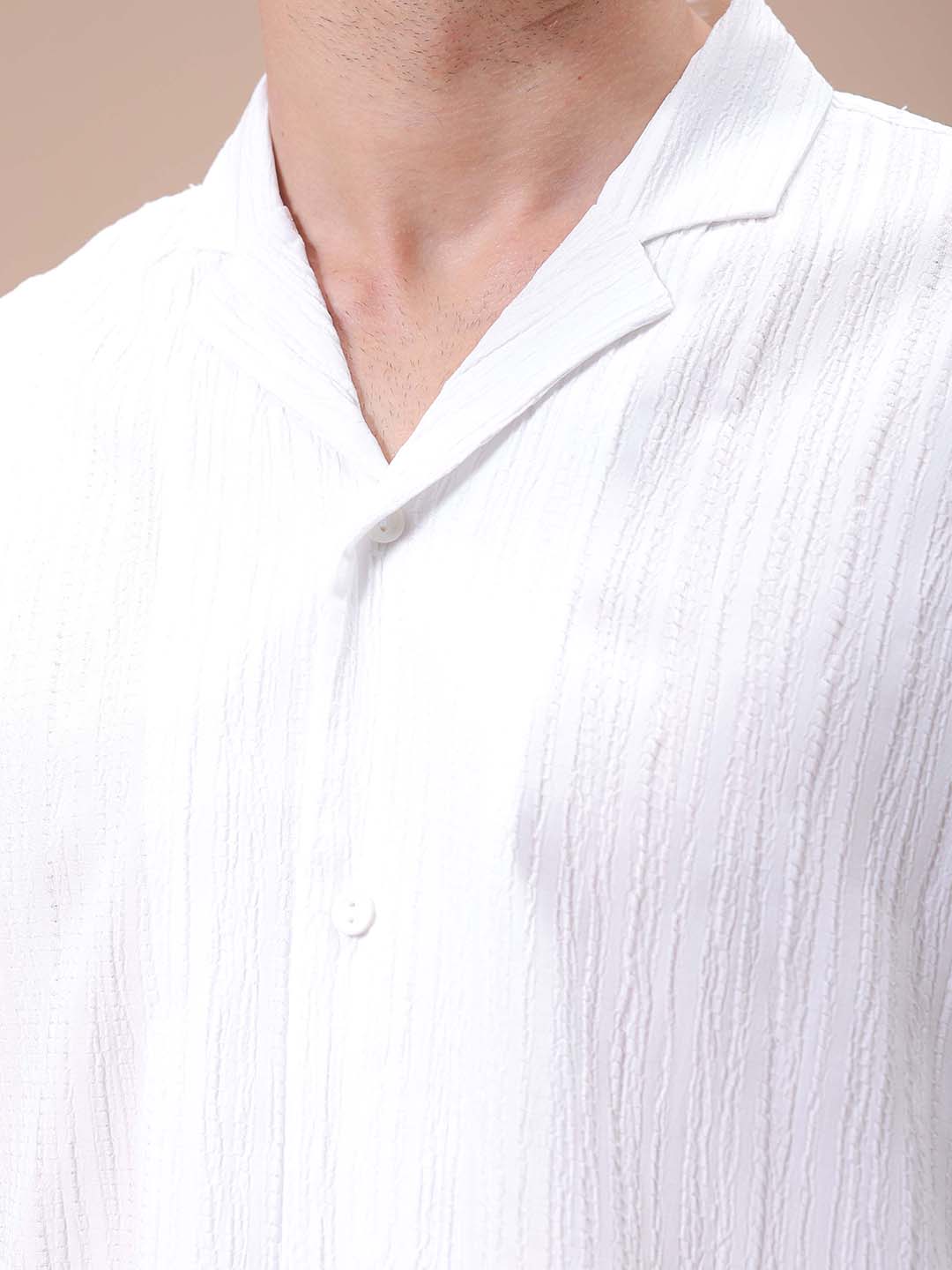 Men's White Relaxed Fit Textured Resortwear Shirt