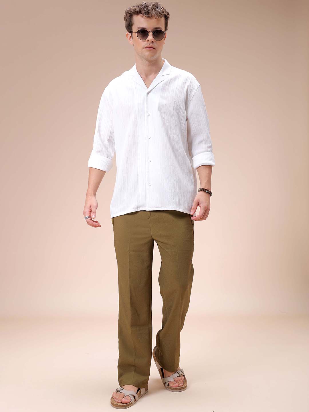 Men's White Relaxed Fit Textured Resortwear Shirt