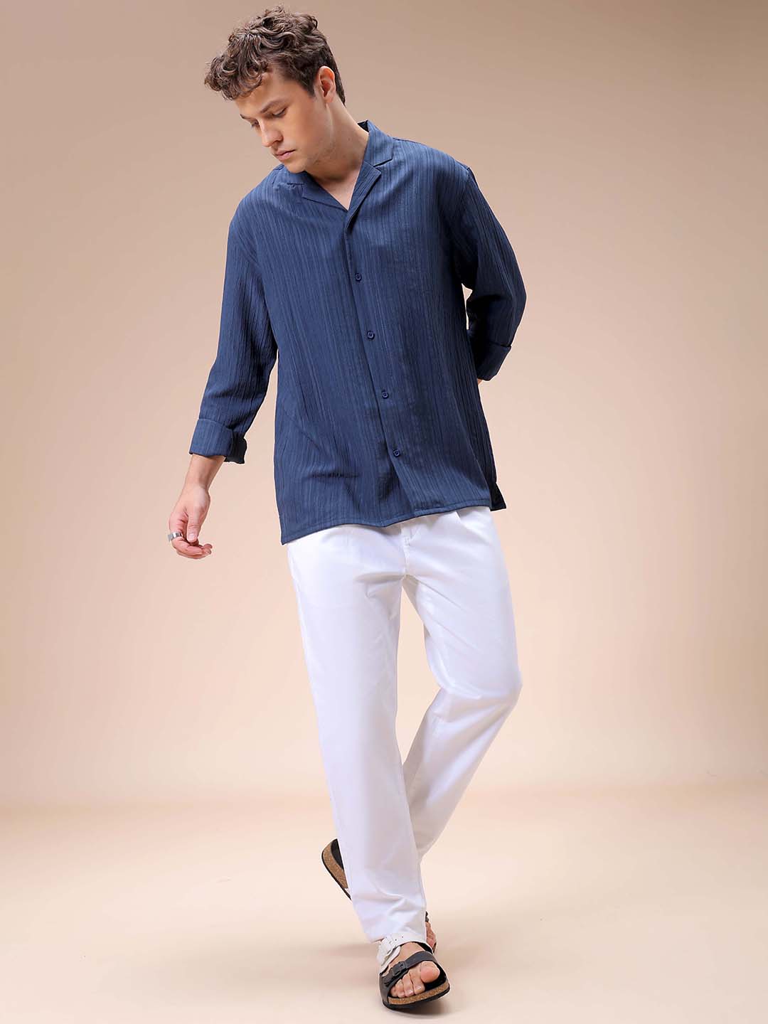 Men's Blue Relaxed Fit Textured Resortwear Shirt