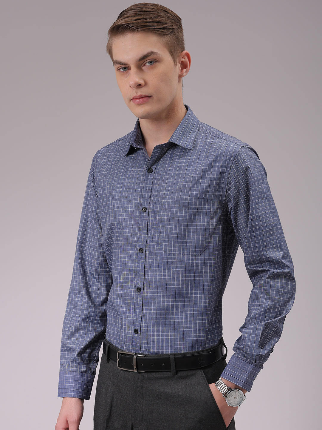 Men's Blue Slim Fit Checked Formal Shirt