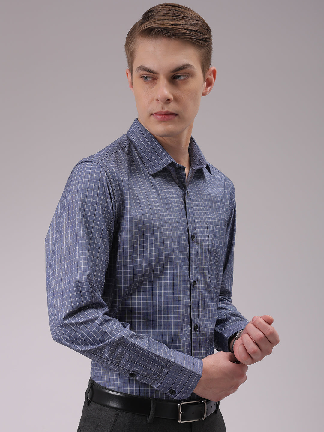 Men's Blue Slim Fit Checked Formal Shirt