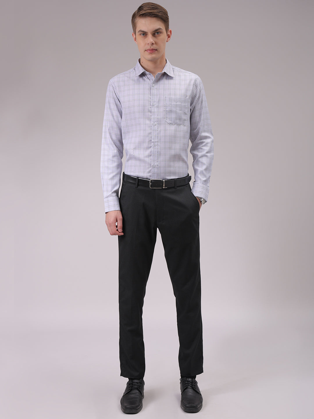 Men's Grey Slim Fit Checked Formal Shirt