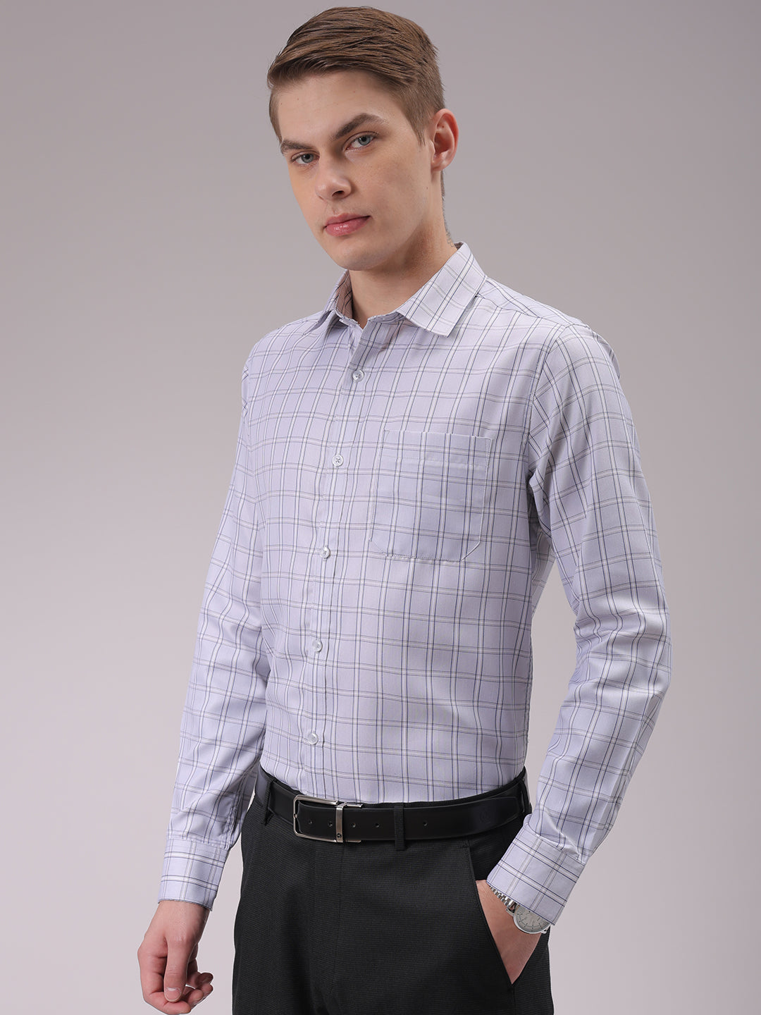 Men's Grey Slim Fit Checked Formal Shirt