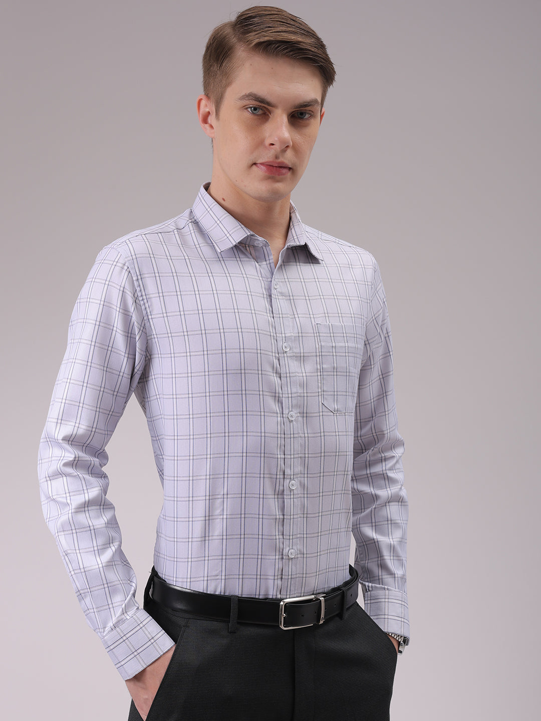 Men's Grey Slim Fit Checked Formal Shirt