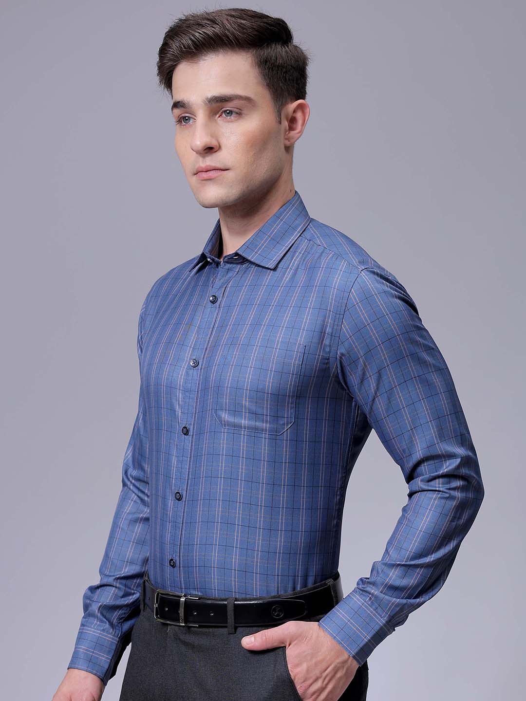 Men's Blue Slim Fit Checked Formal Shirt