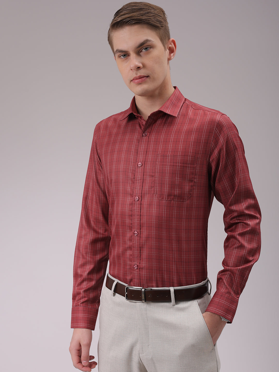 Men's Rust Slim Fit Checked Formal Shirt