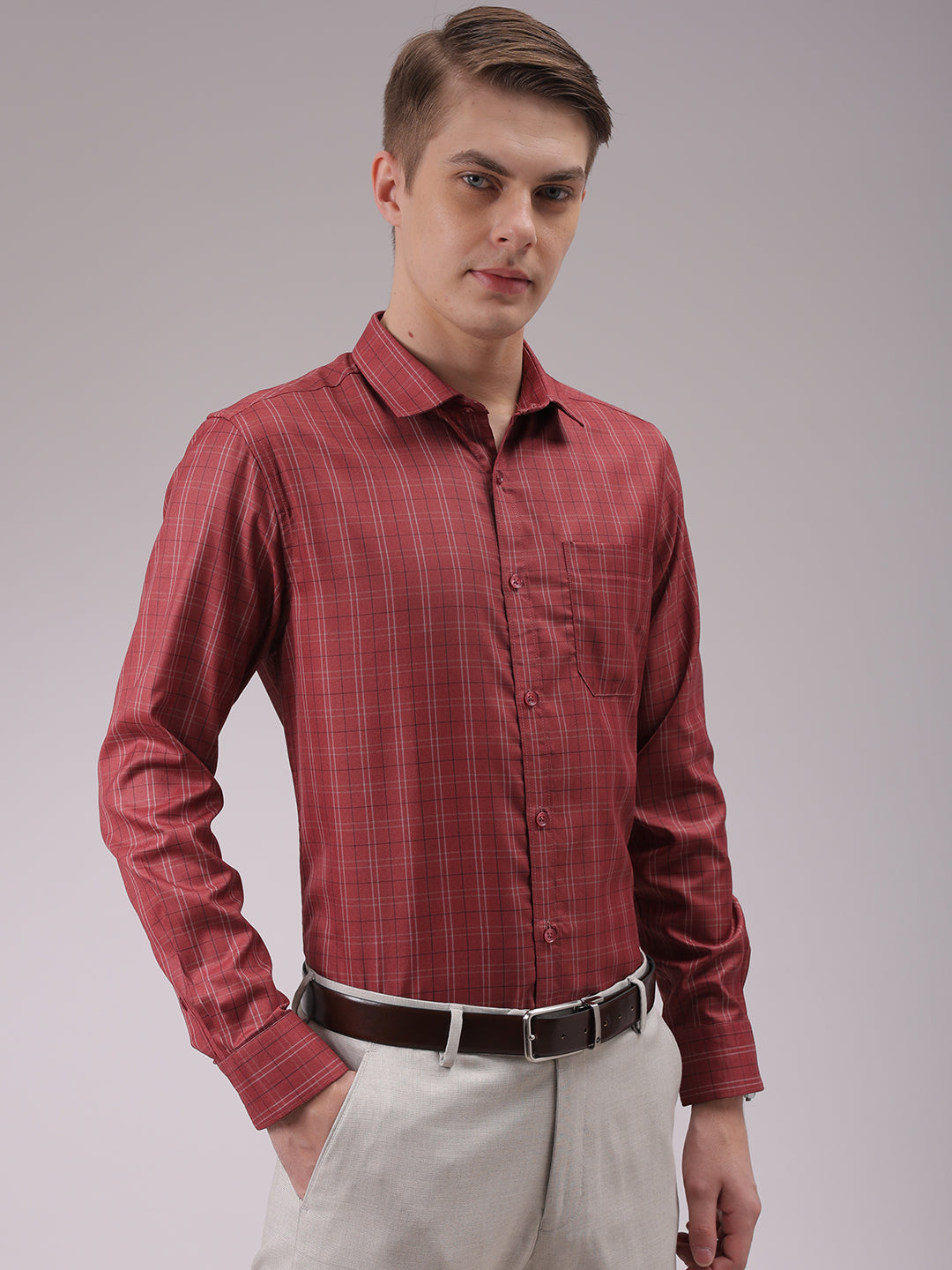 Men's Rust Slim Fit Checked Formal Shirt