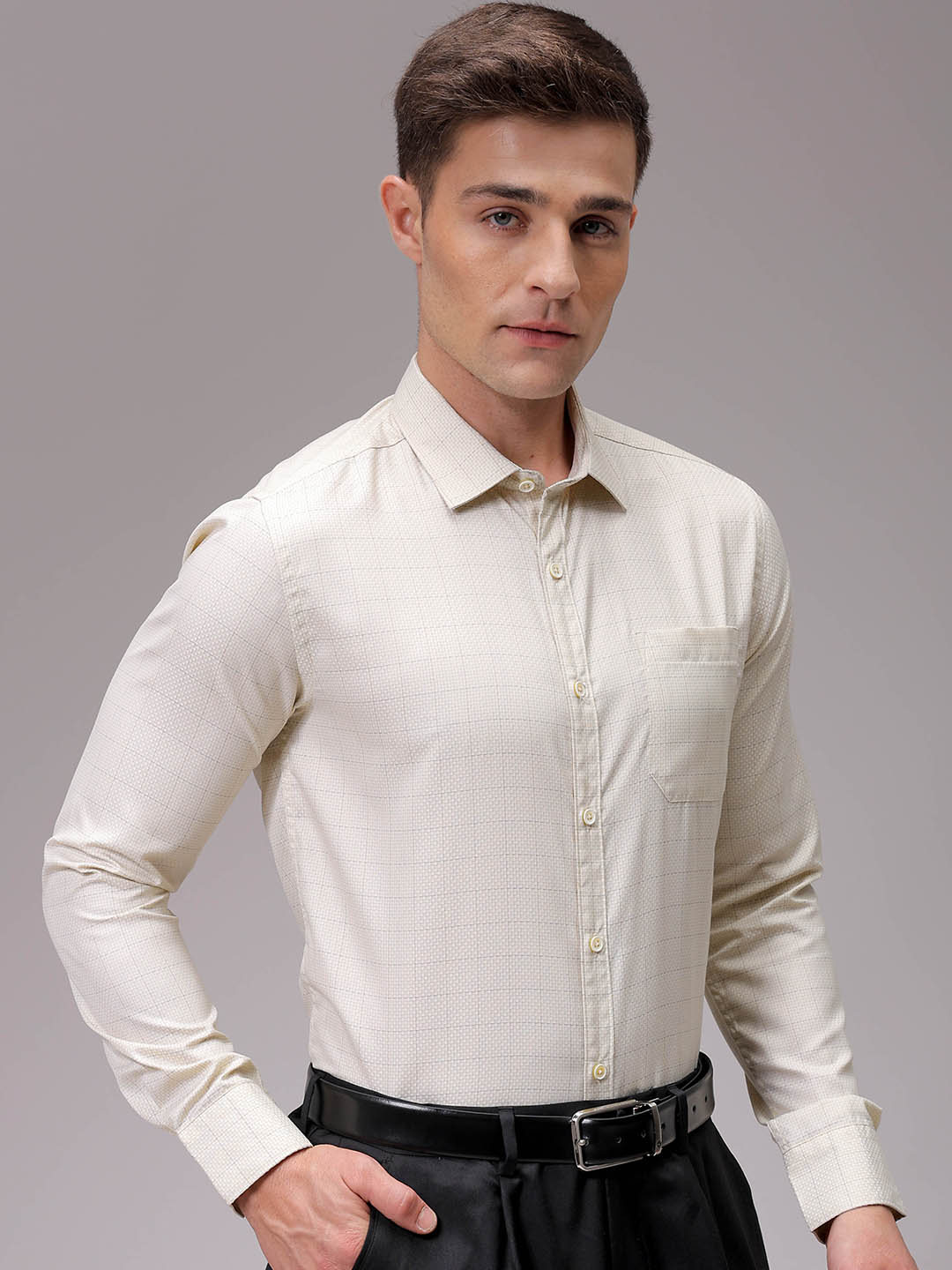 Men's Yellow Slim Fit Checked Formal Shirt
