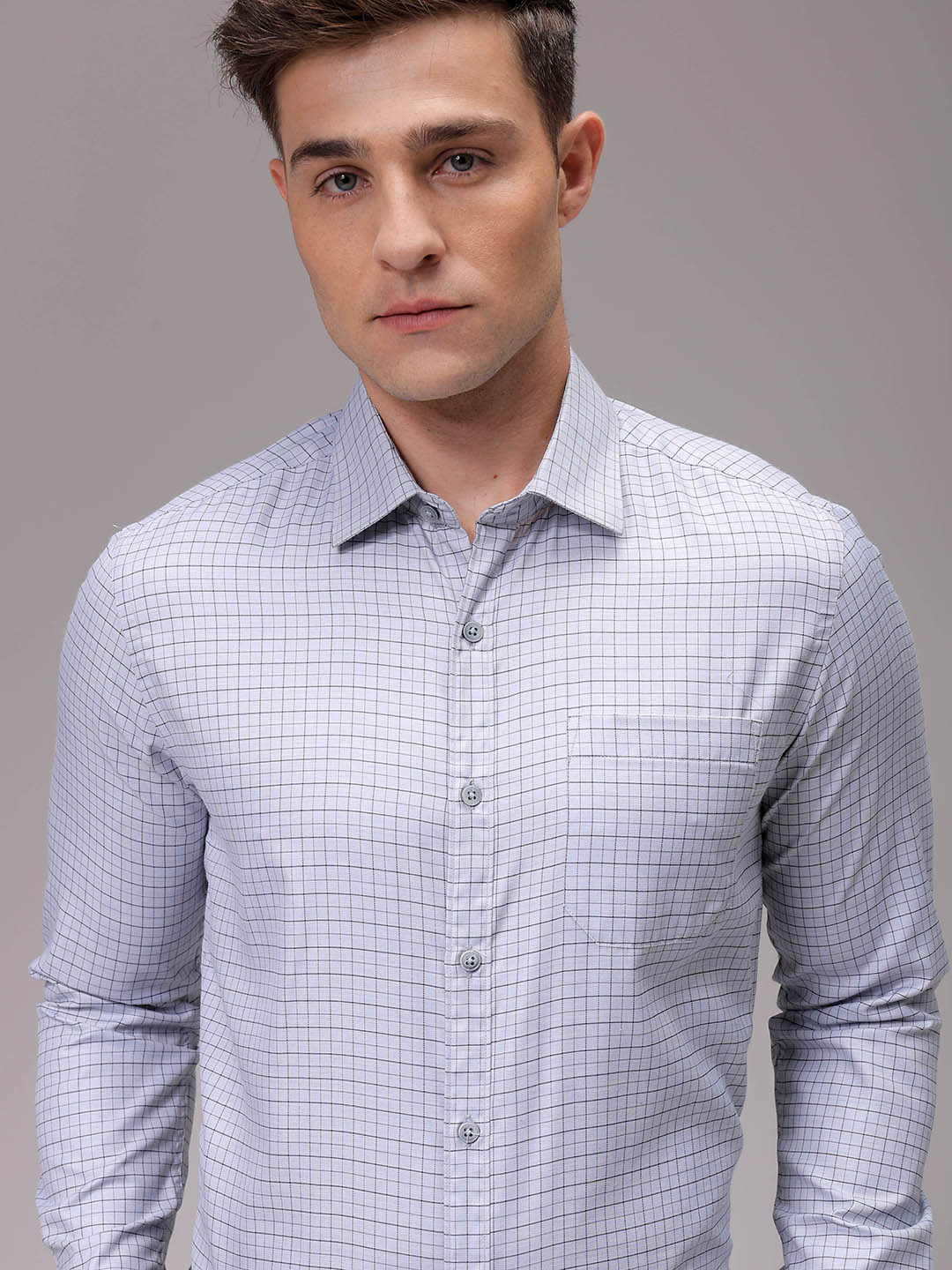 Men's Grey Slim Fit Checked Formal Shirt