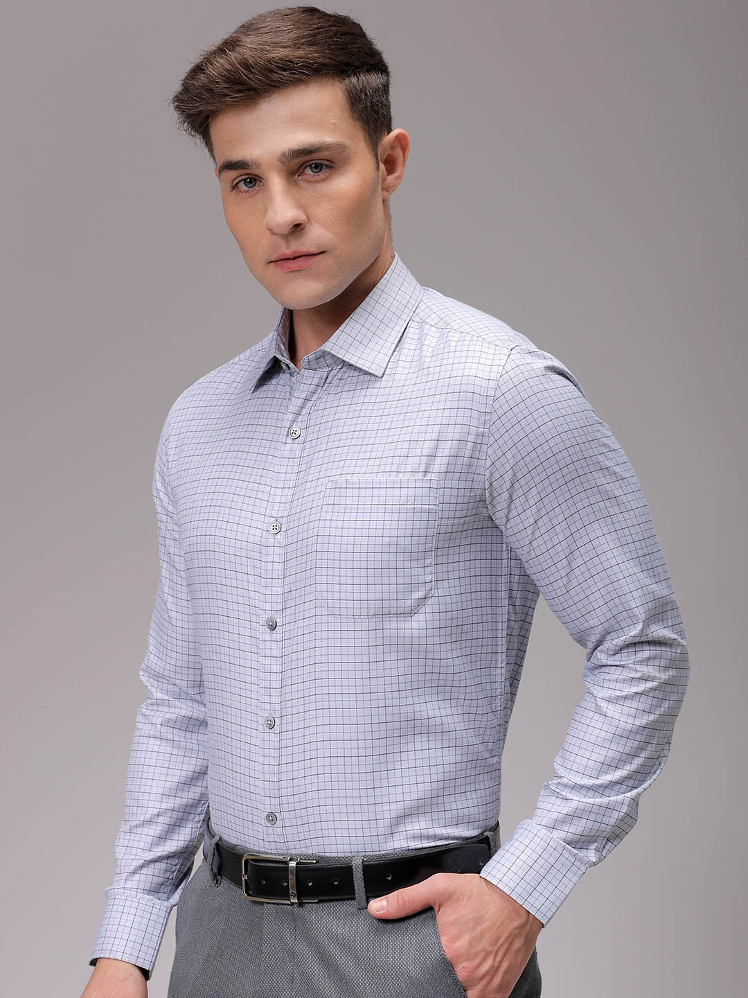 Men's Grey Slim Fit Checked Formal Shirt