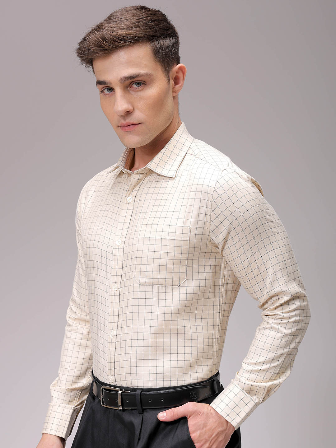 Men's Beige Slim Fit Checked Formal Shirt