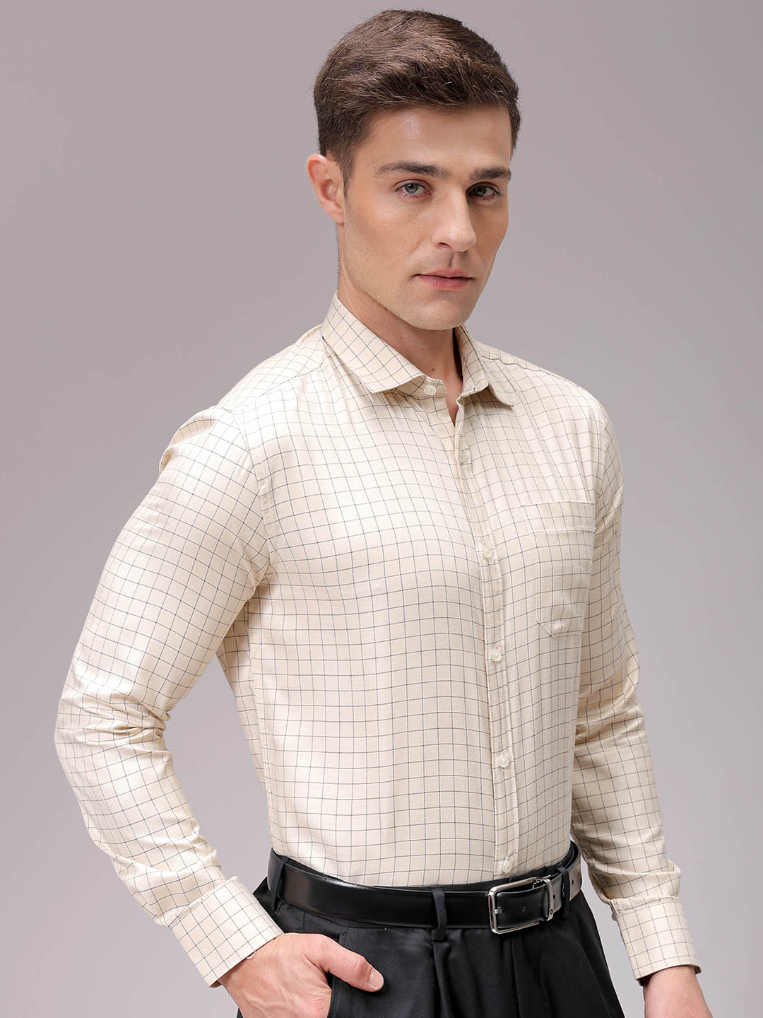 Men's Beige Slim Fit Checked Formal Shirt