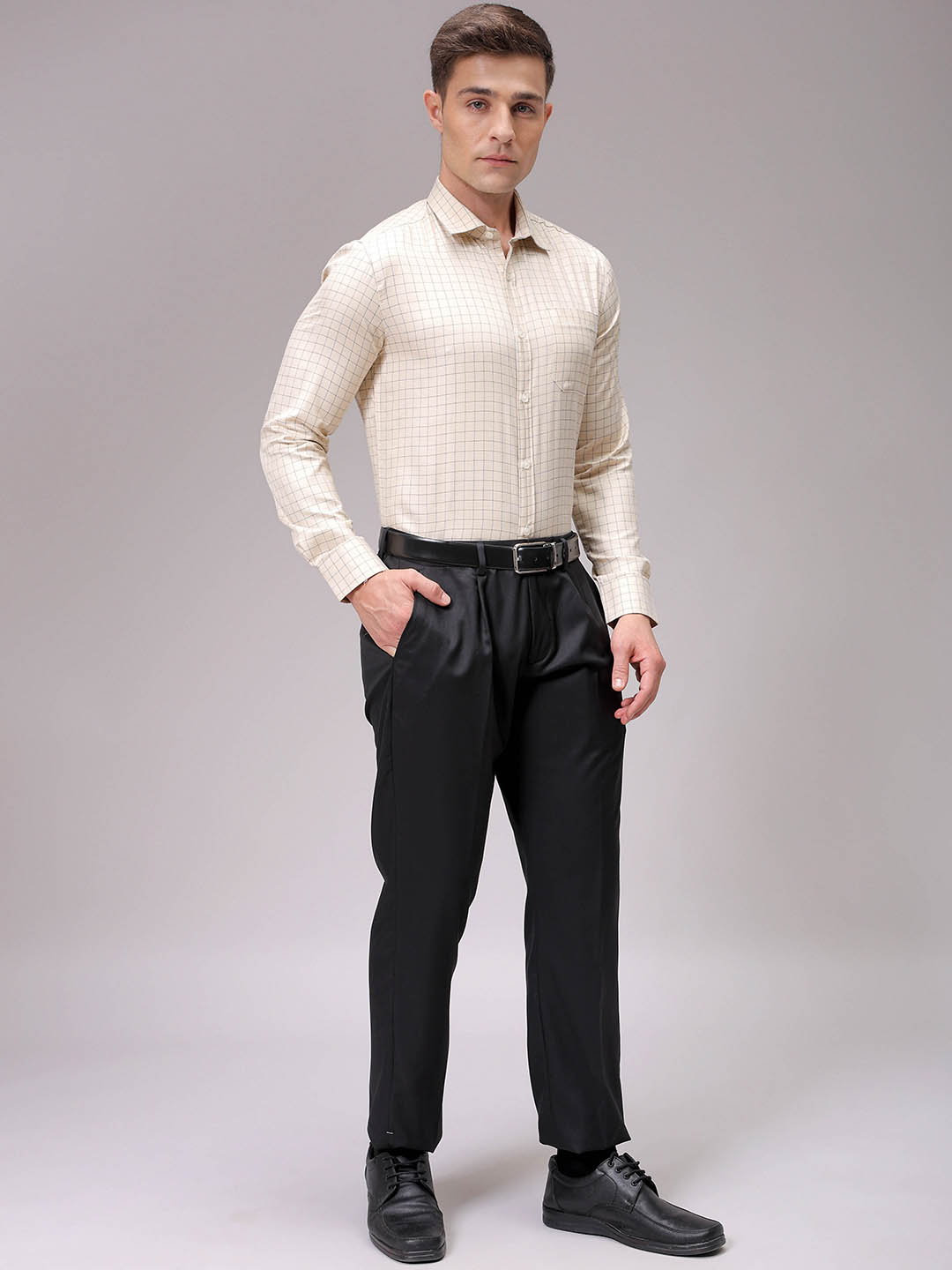 Men's Beige Slim Fit Checked Formal Shirt