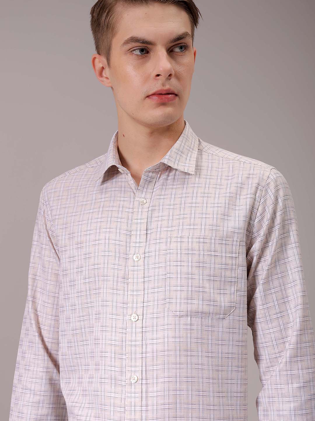 Men's Beige Slim Fit Checked Formal Shirt