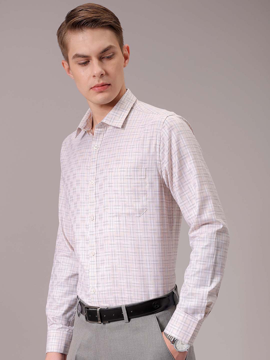 Men's Beige Slim Fit Checked Formal Shirt