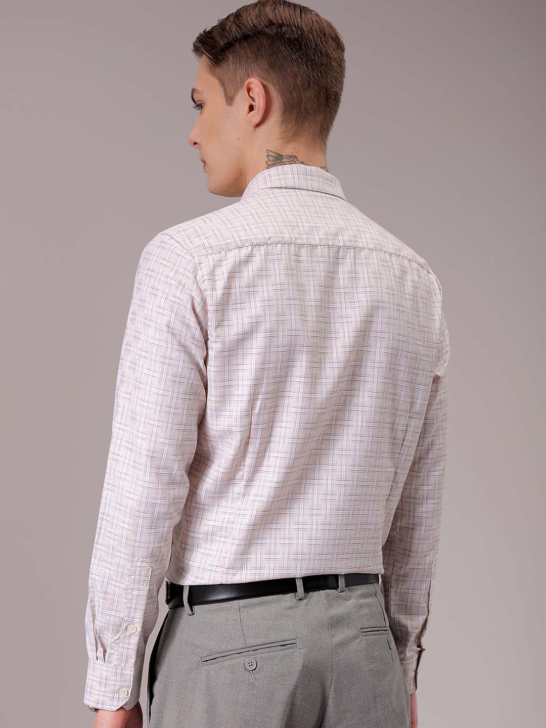 Men's Beige Slim Fit Checked Formal Shirt