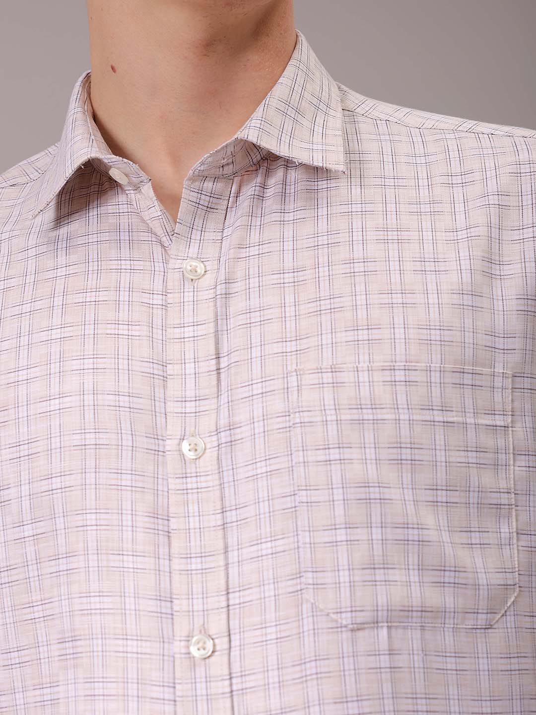 Men's Beige Slim Fit Checked Formal Shirt