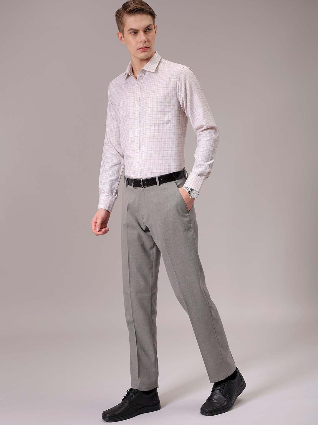 Men's Beige Slim Fit Checked Formal Shirt