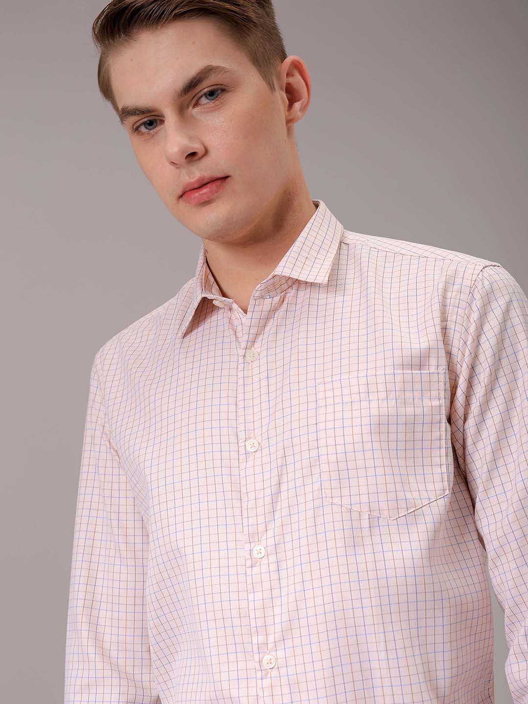 Men's Beige Slim Fit Checked Formal Shirt