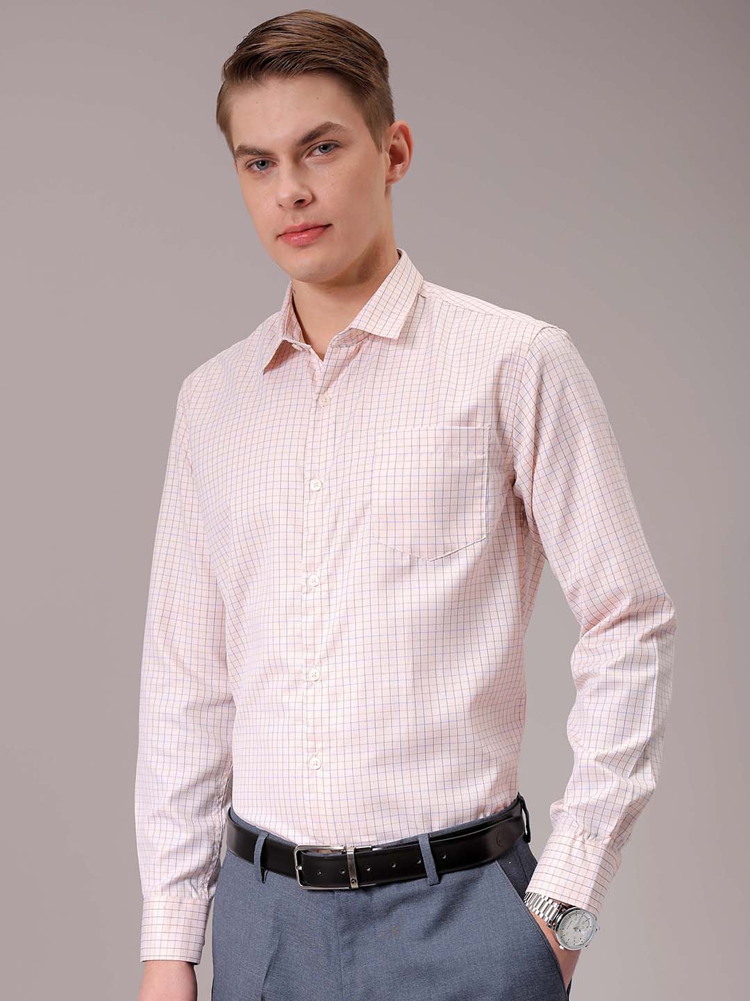 Men's Beige Slim Fit Checked Formal Shirt