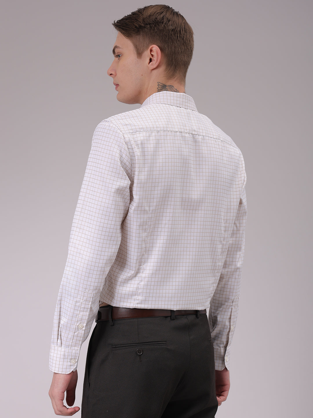 Men's Beige Slim Fit Checked Formal Shirt