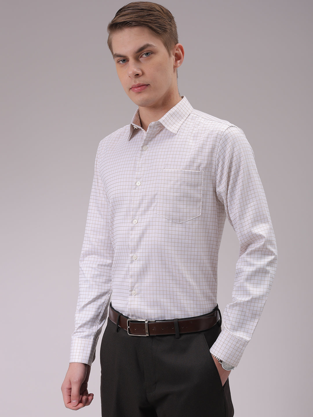 Men's Beige Slim Fit Checked Formal Shirt