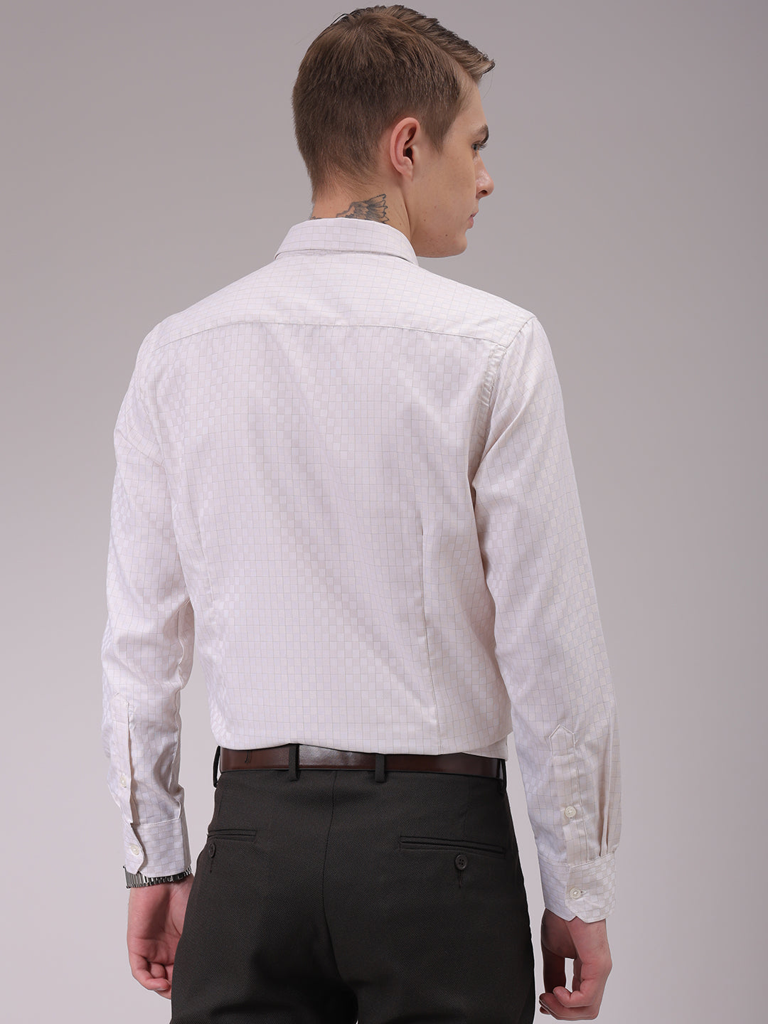 Men's Beige Slim Fit Checked Formal Shirt