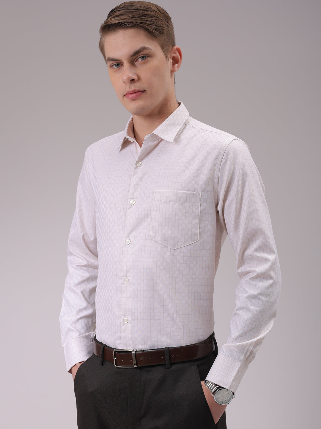 Men's Beige Slim Fit Checked Formal Shirt