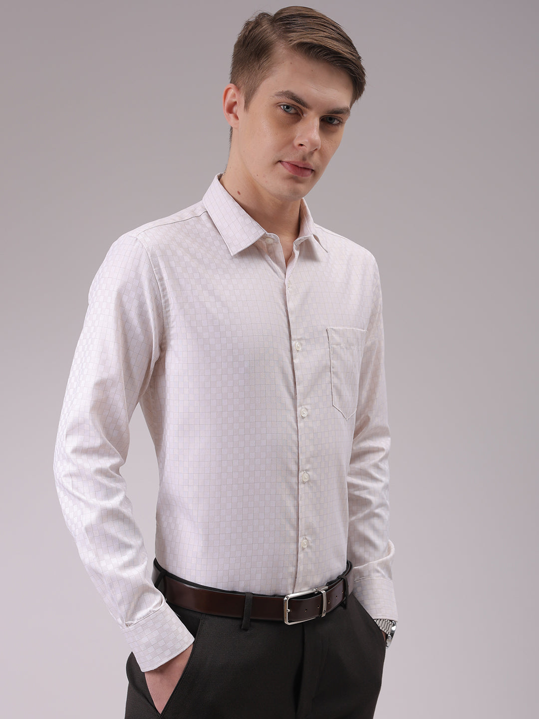 Men's Beige Slim Fit Checked Formal Shirt