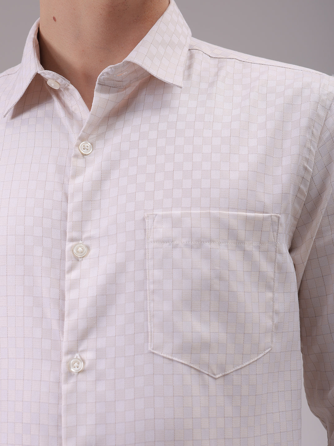 Men's Beige Slim Fit Checked Formal Shirt