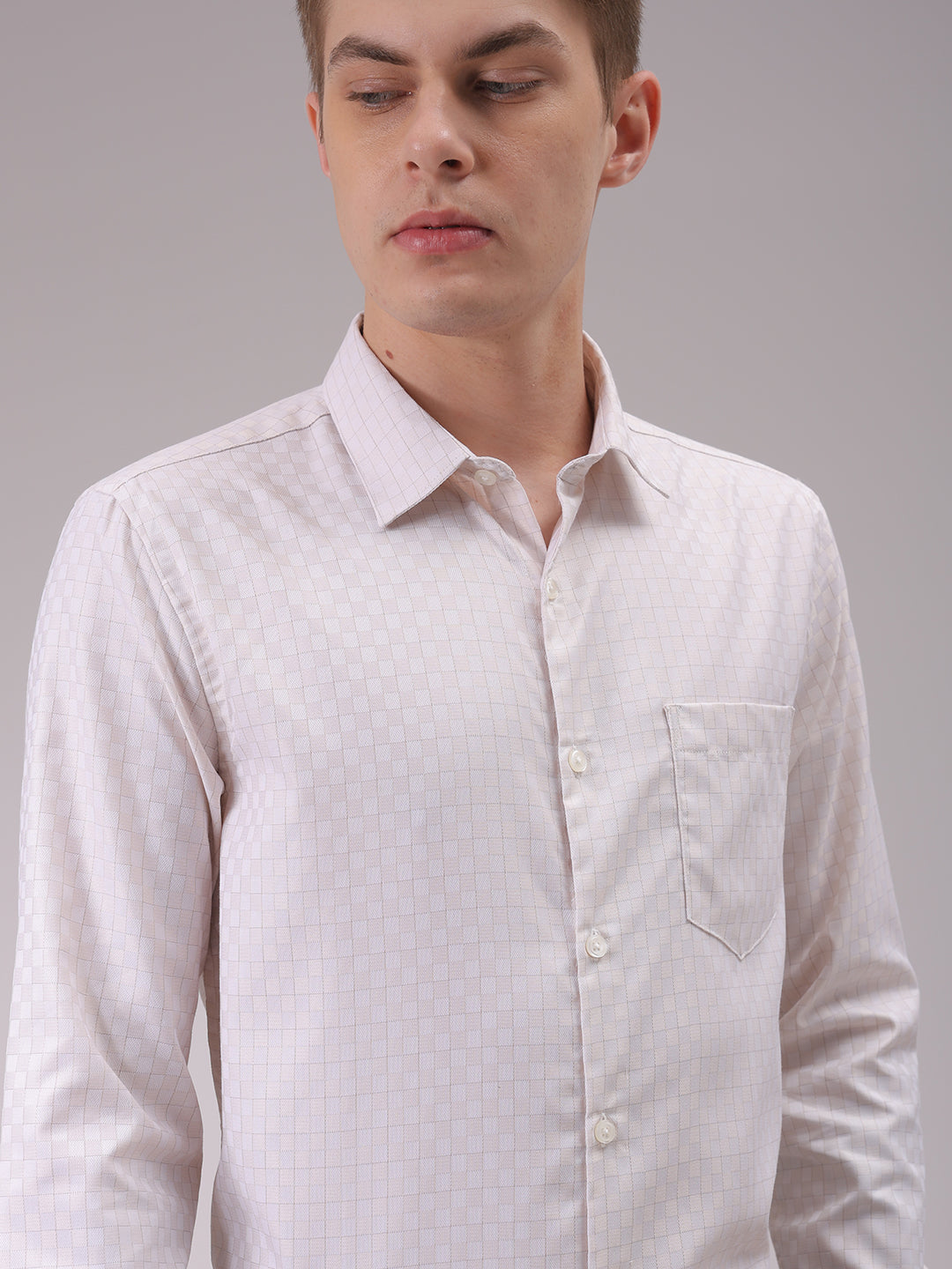 Men's Beige Slim Fit Checked Formal Shirt