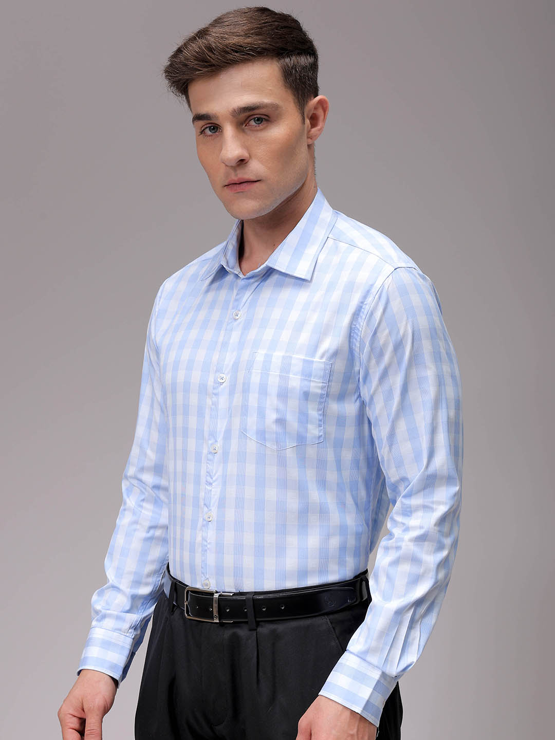 Men's Blue Slim Fit Checked Formal Shirt