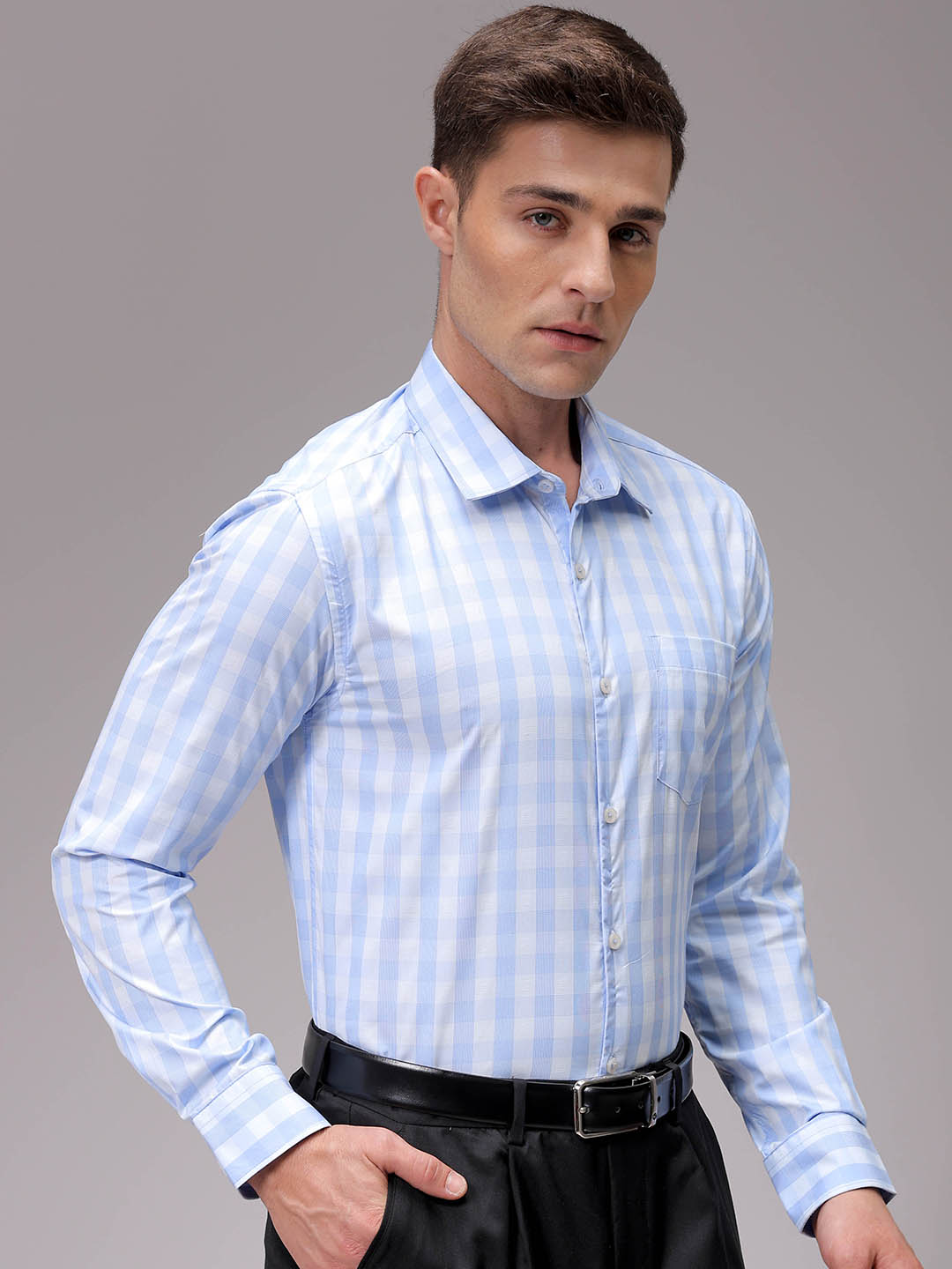 Men's Blue Slim Fit Checked Formal Shirt