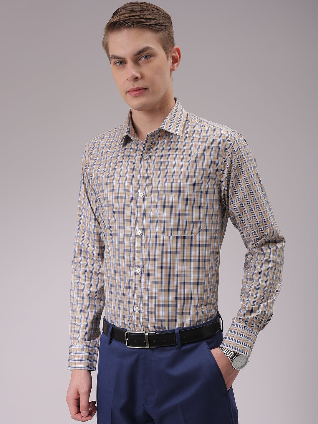 Men's Khaki Slim Fit Checked Formal Shirt