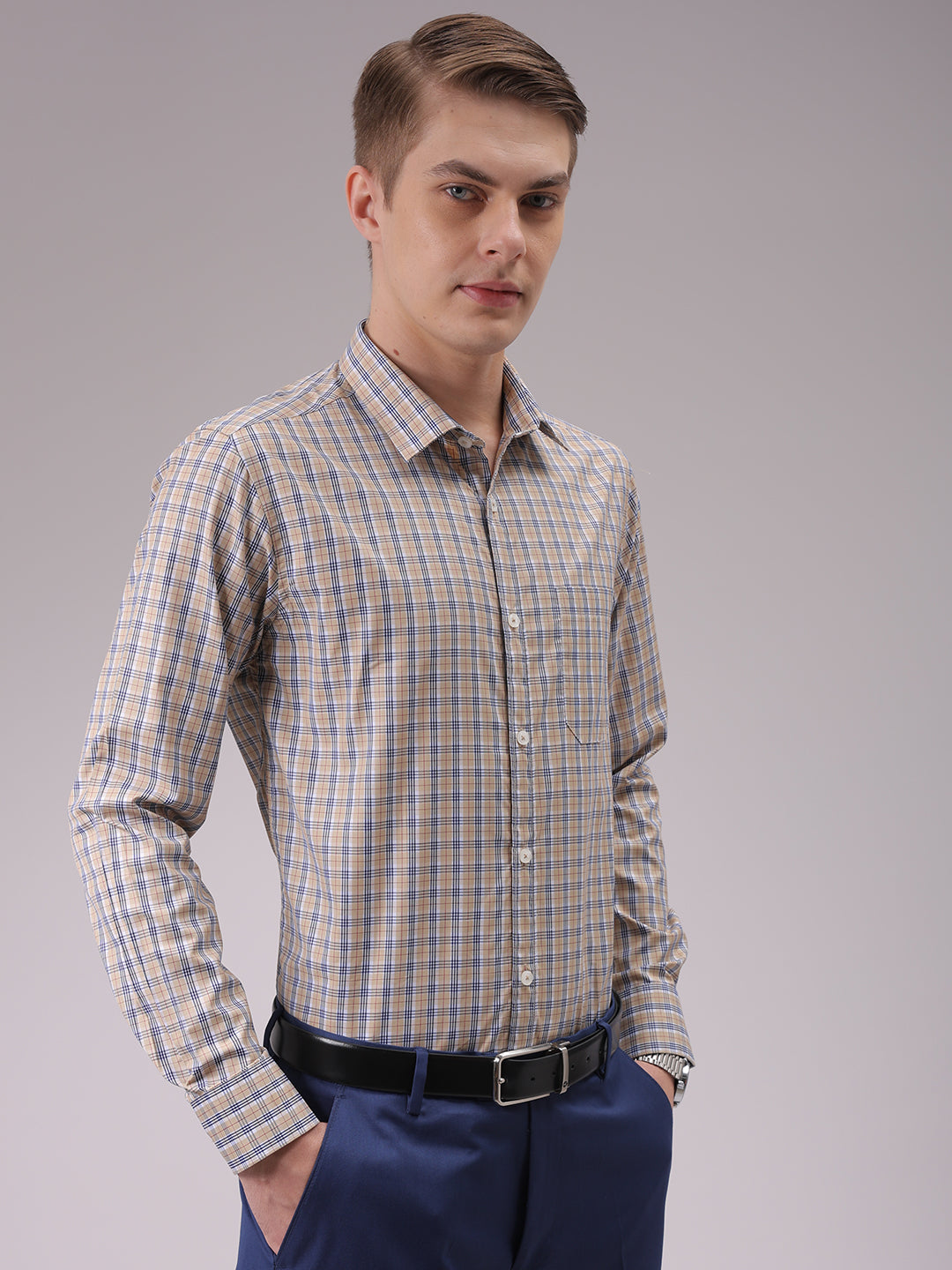 Men's Khaki Slim Fit Checked Formal Shirt