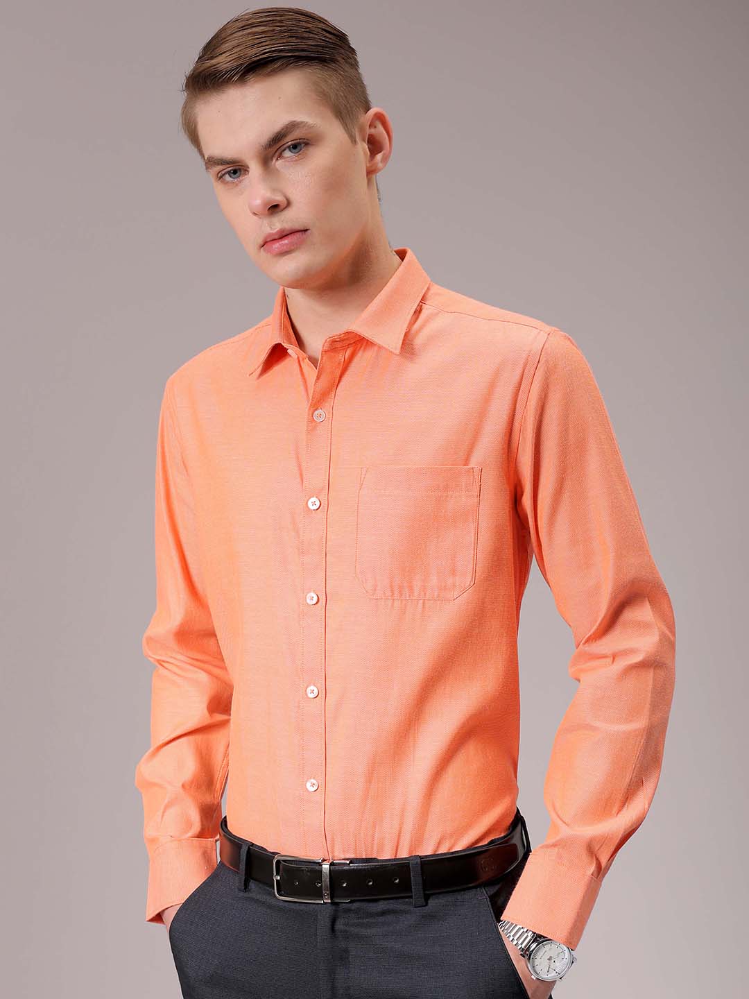 Men's Orange Slim Fit Solid Formal Shirt