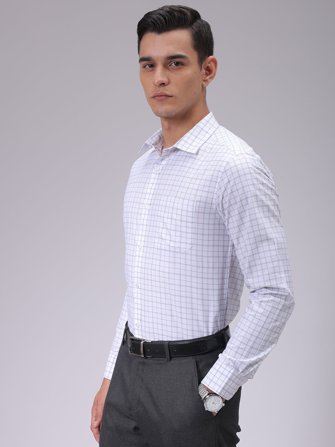 Men's White Slim Fit Checked Formal Shirt