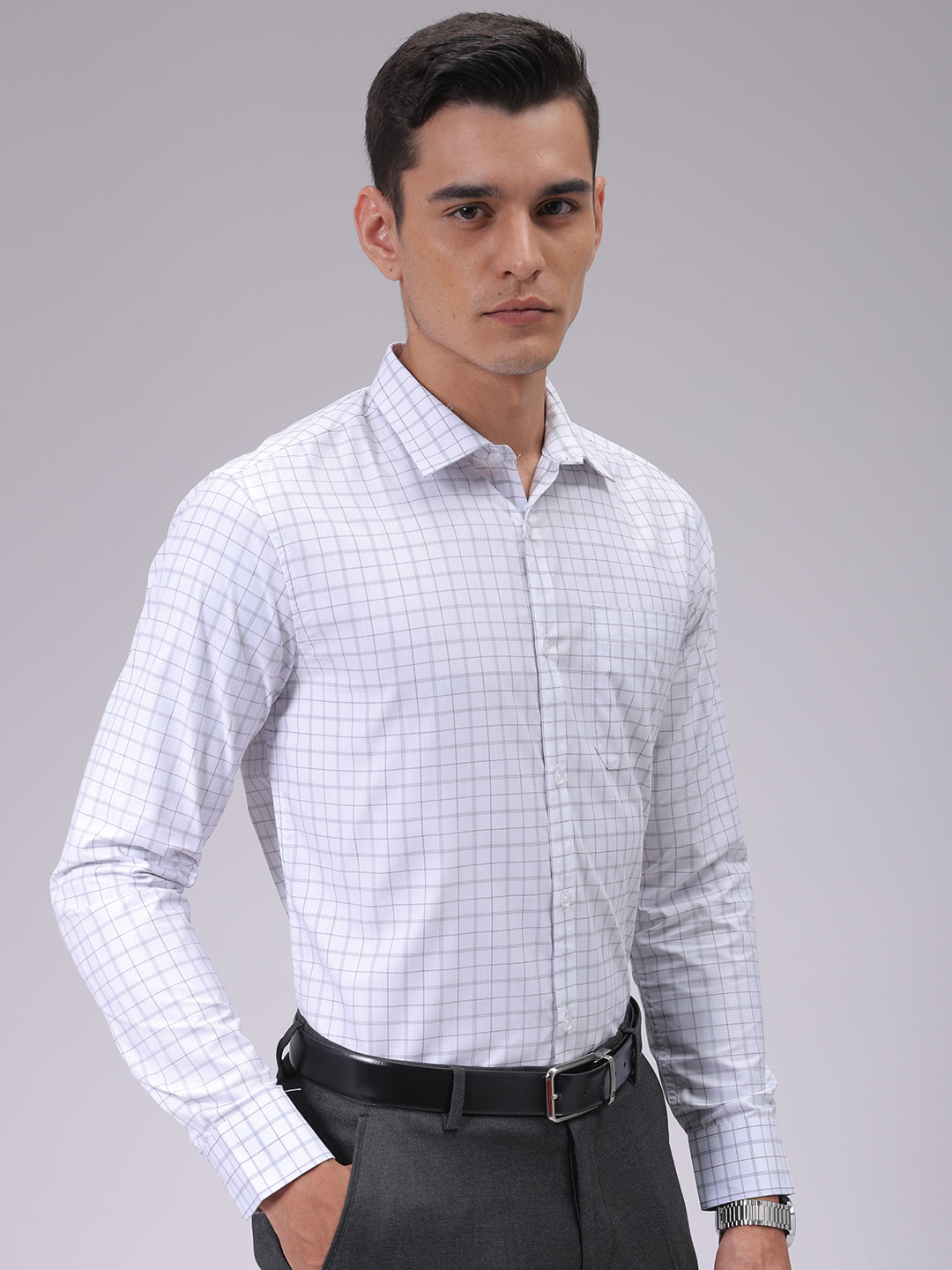 Men's White Slim Fit Checked Formal Shirt