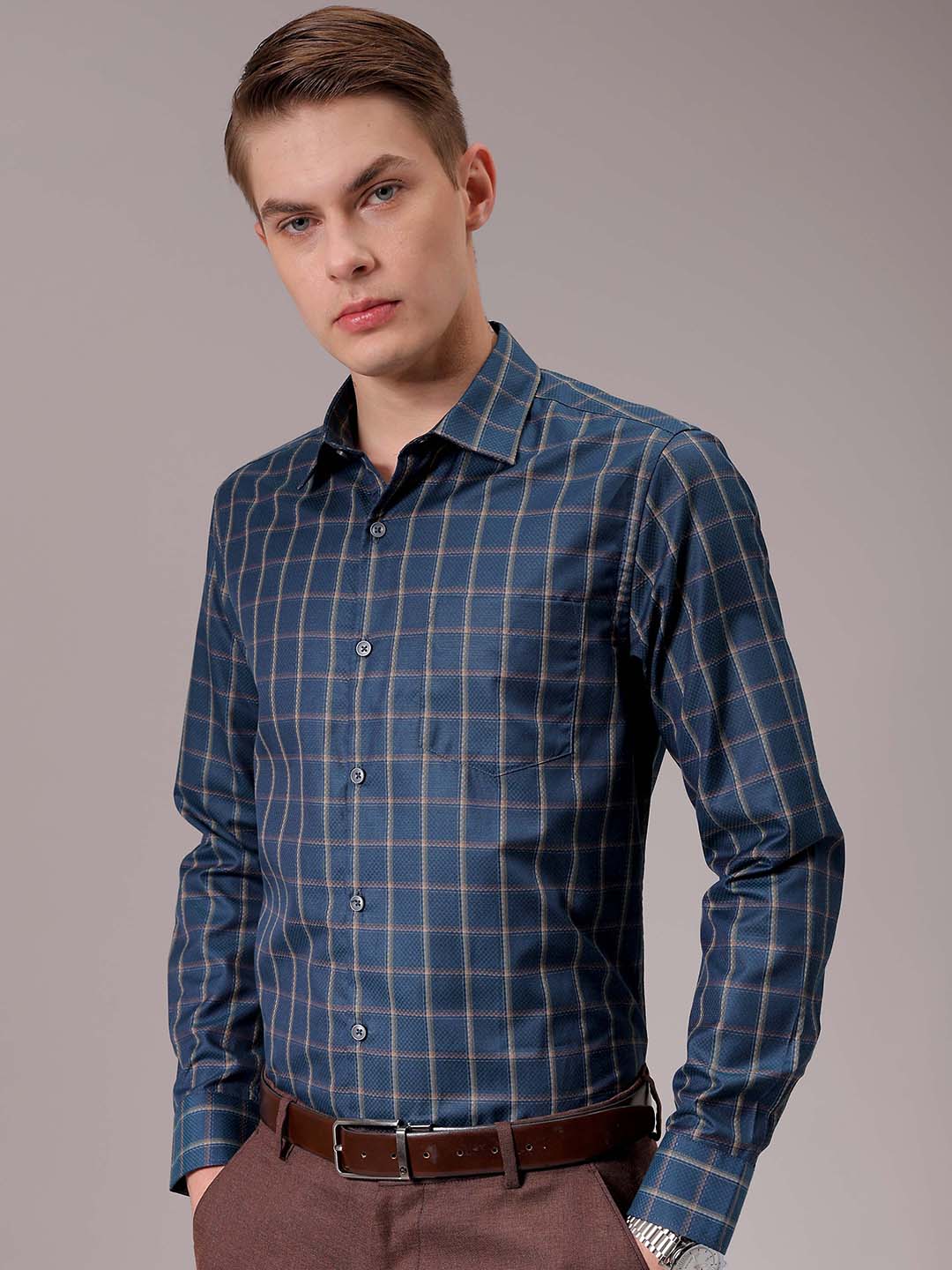 Men's Teal Slim Fit Checked Formal Shirt