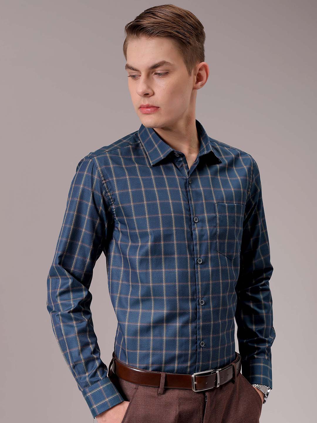 Men's Teal Slim Fit Checked Formal Shirt