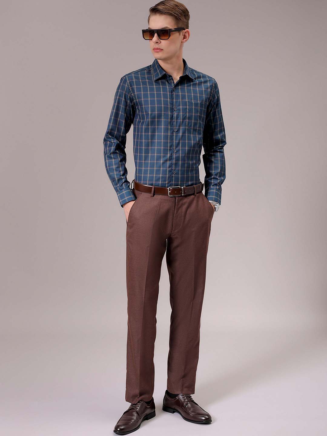 Men's Teal Slim Fit Checked Formal Shirt