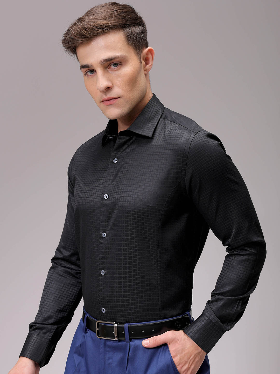 Men's Black Slim Fit Checked Formal Shirt