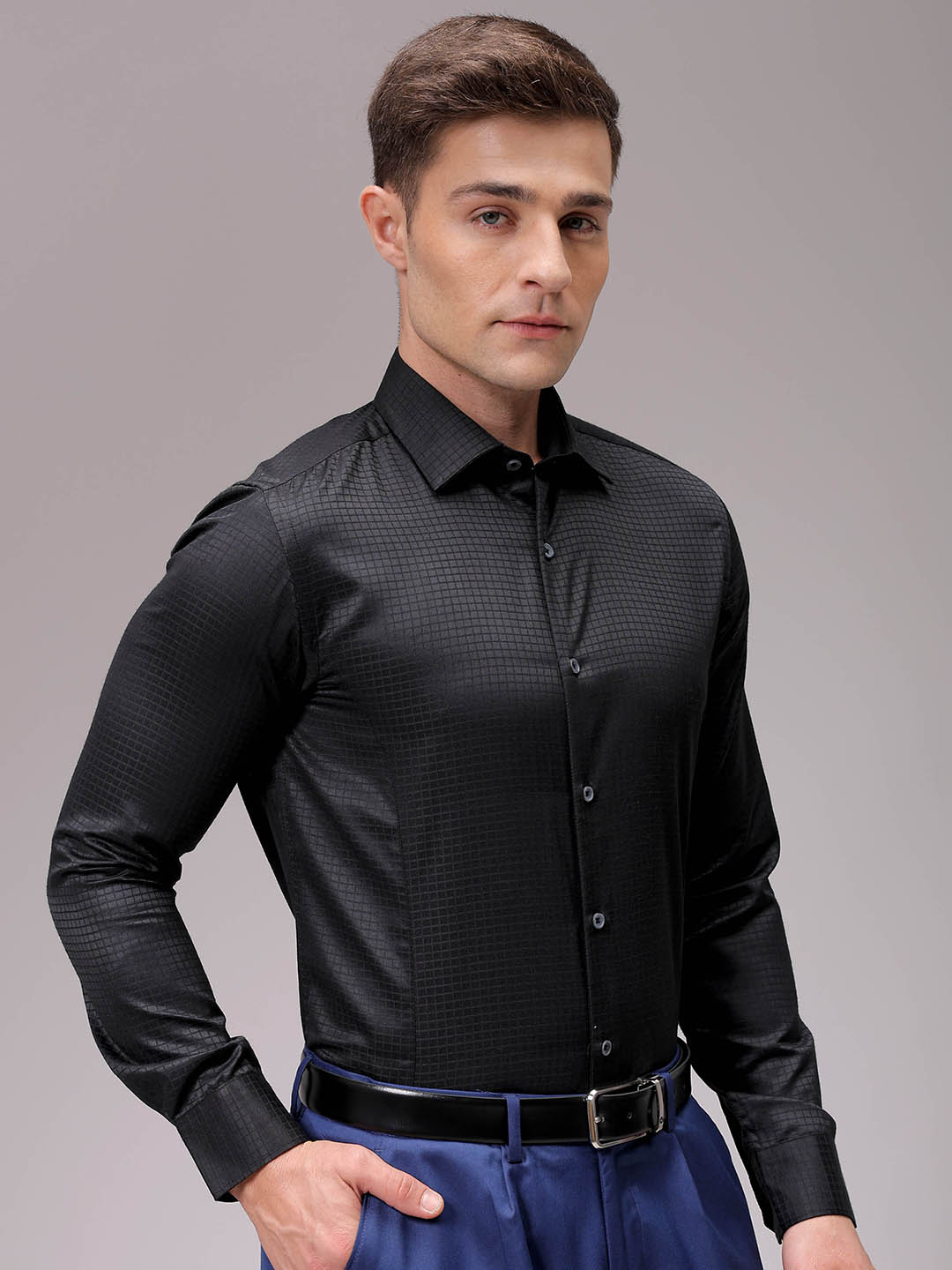 Men's Black Slim Fit Checked Formal Shirt