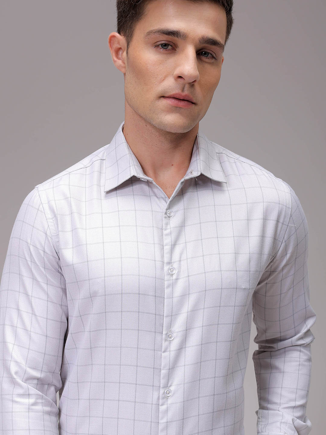 Men's Grey Slim Fit Checked Formal Shirt
