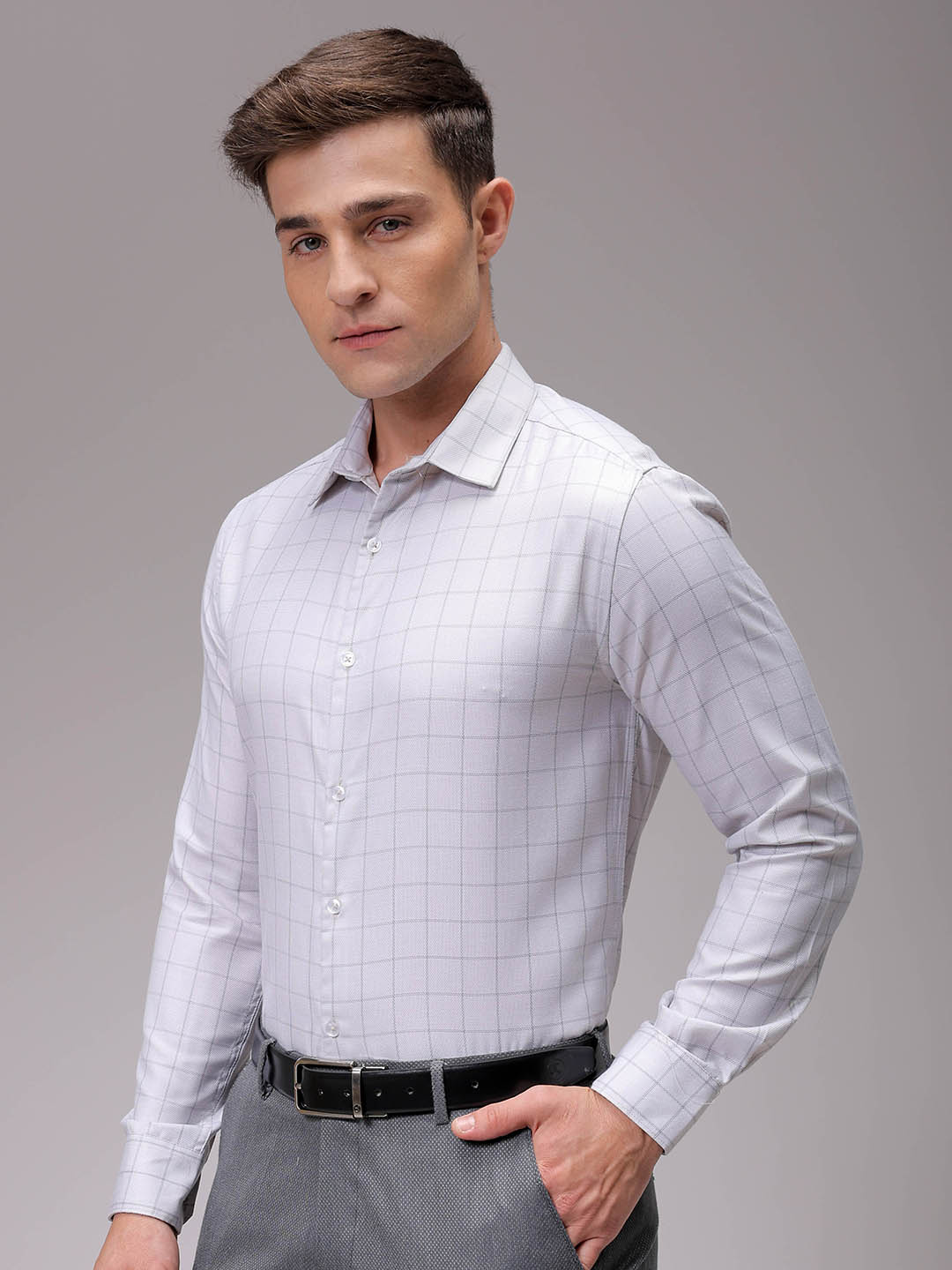 Men's Grey Slim Fit Checked Formal Shirt
