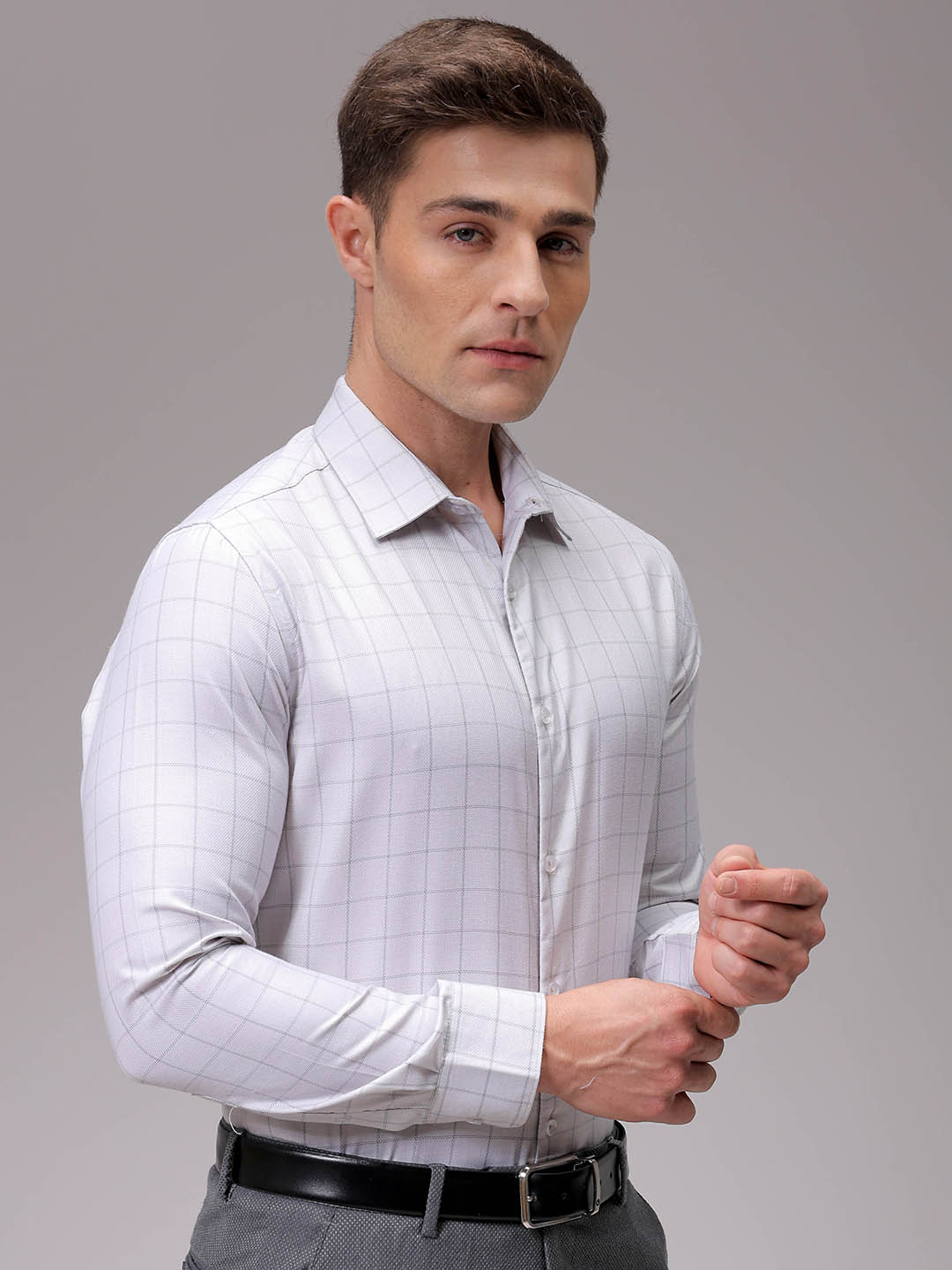 Men's Grey Slim Fit Checked Formal Shirt