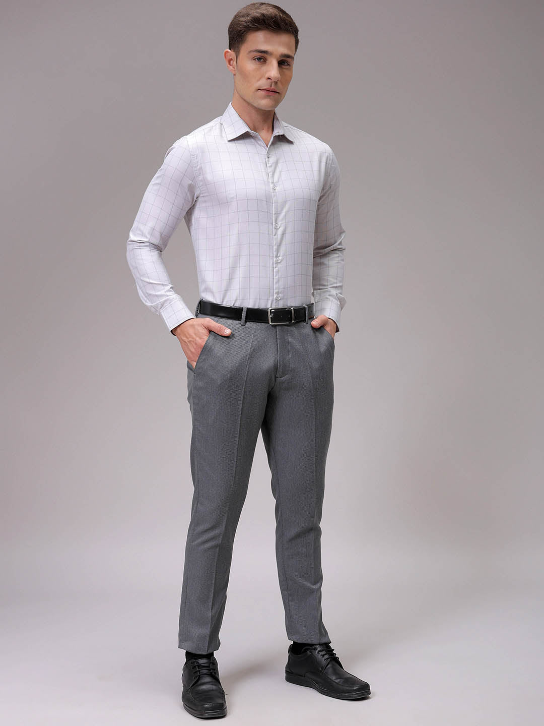 Men's Grey Slim Fit Checked Formal Shirt