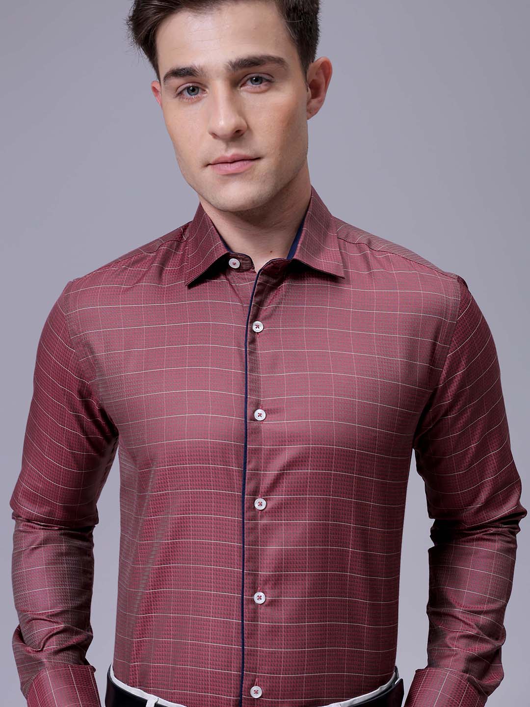 Men's Maroon Slim Fit Checked Formal Shirt